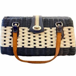 Vintage Wicker Handbag Purse, Kiss Lock, Navy & White, Crown Colony of Hong Kong